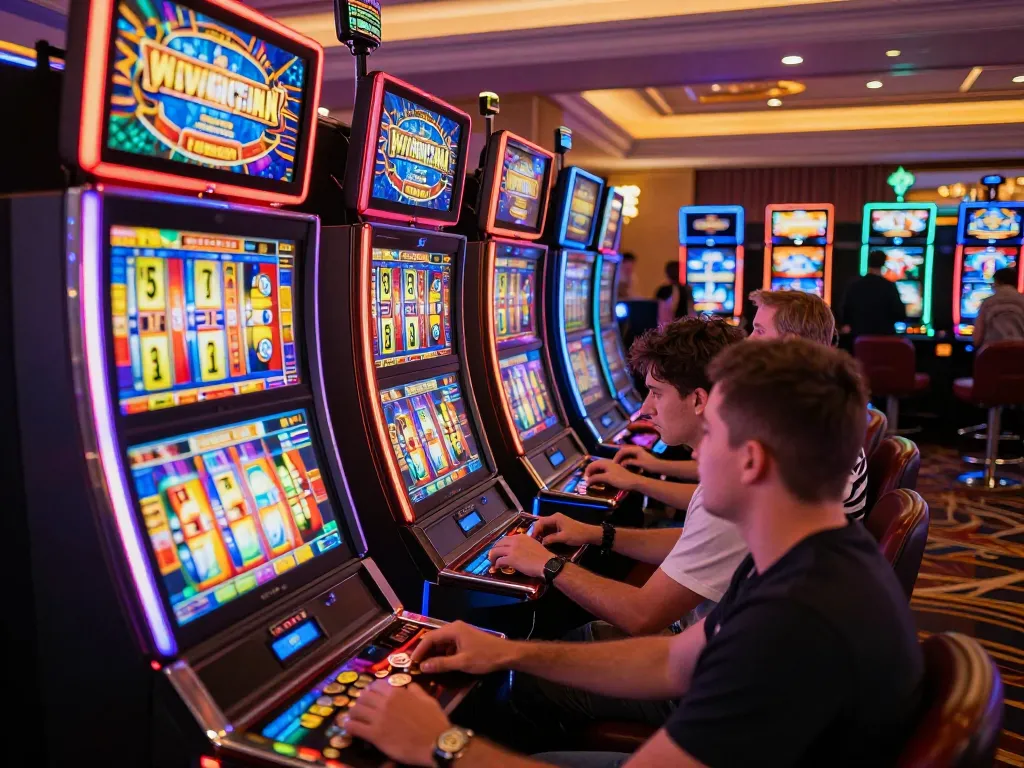 Players enjoying vibrant slot machines at a casino, showcasing slot server luar negeri excitement and gameplay.