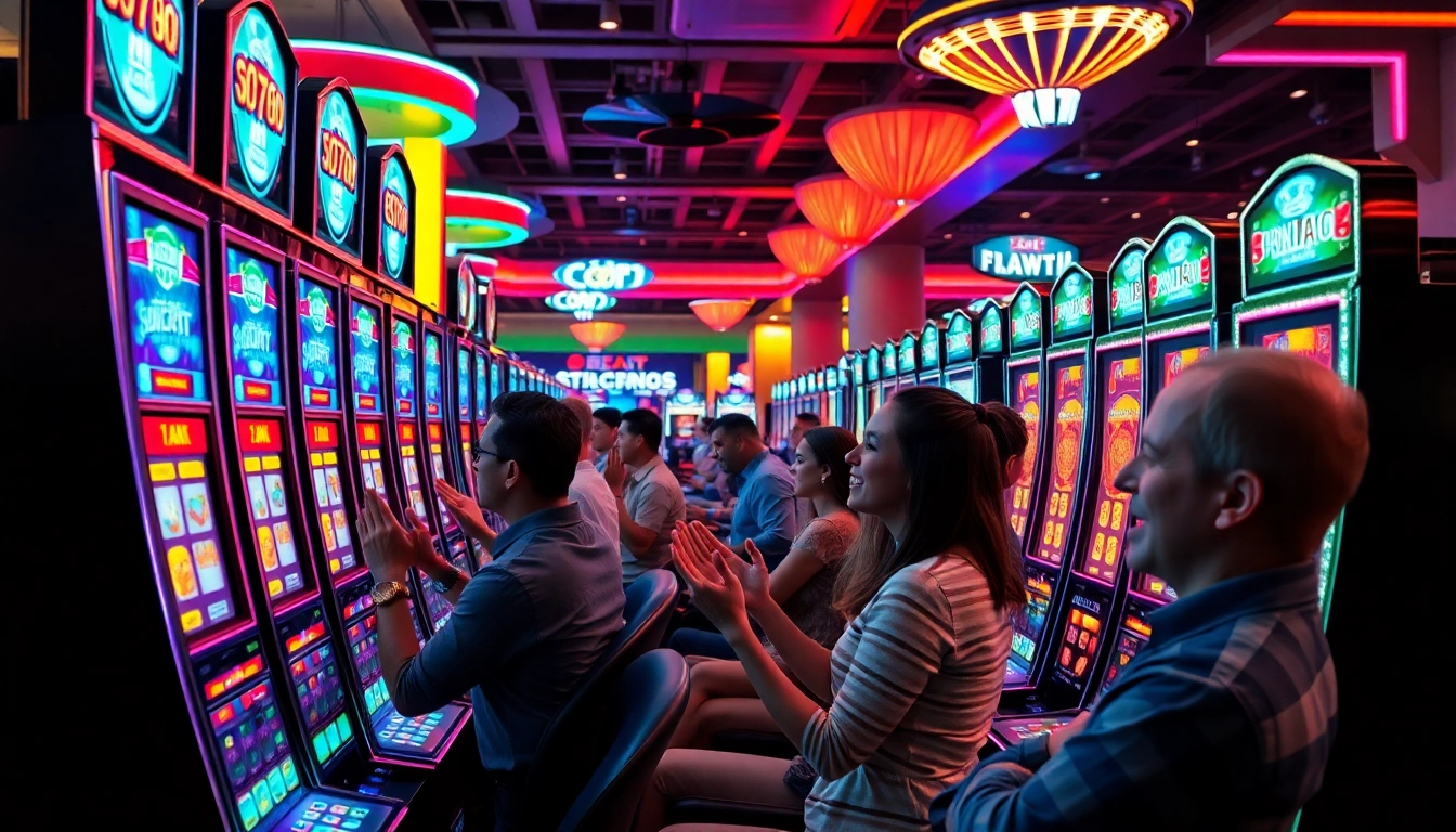 Rasakan keseruan bandar slot dengan pemain merayakan kemenangan di kasino.