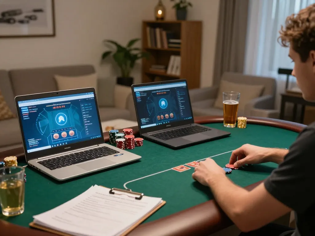 Player strategizing at home while using https://n188.build/ for a poker game with laptop and notes