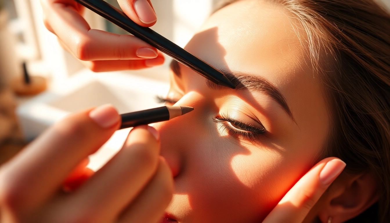 Applying eyebrow pencil light brown for a flawless makeup look on beautifully defined brows.