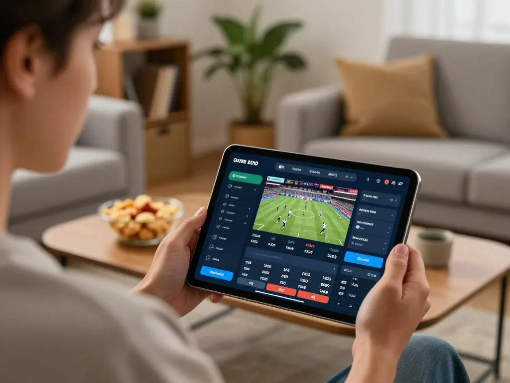Engaging sports betting experience showcased on a tablet while prioritize responsible gaming strategies on a website.