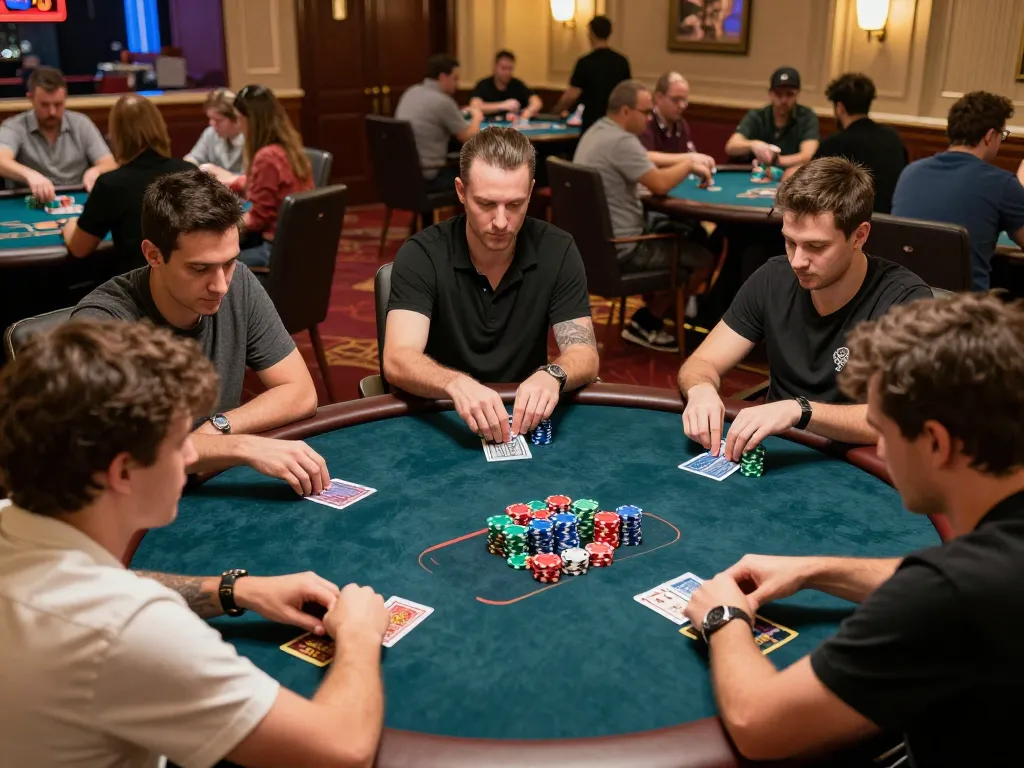 Experience high-stakes poker gameplay with depo 1k action and intense player focus in a vibrant casino environment.
