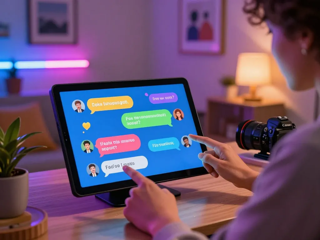 Engaging spicy chat with AI character on a touchscreen device in a modern home office.