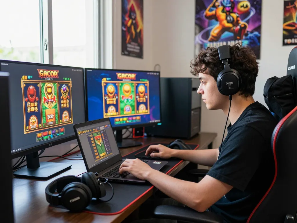 Player enjoying slot gacor games on a laptop in an exciting gaming environment with vibrant graphics.