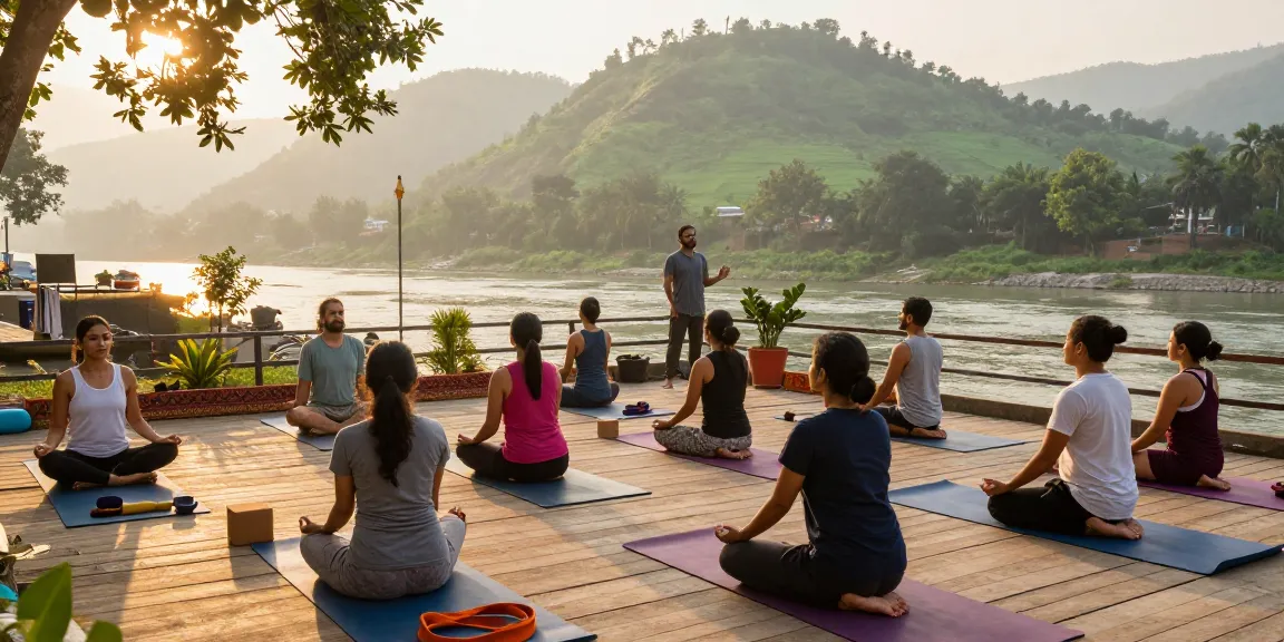 Yoga instructor certification india scene with diverse students practicing yoga by the Ganges River at sunrise, embodying tranquility and mindful connection.