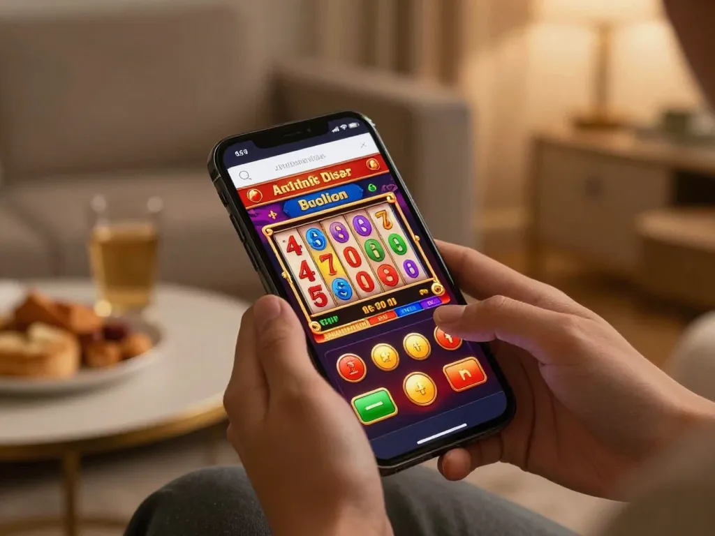 Engaging online gambling experience at https://twin68.world/ showcased on a smartphone, featuring a lively slot game.
