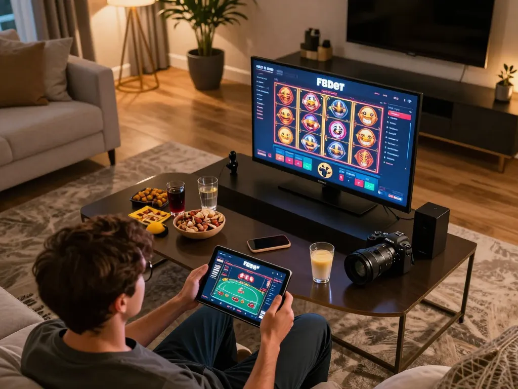 Player enjoying f8bet slots on tablet in a cozy home setup with snacks and drinks.