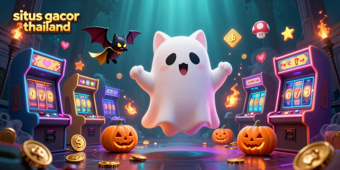 Situs gacor thailand showcases a vibrant ghost cat and bat in a haunted casino with colorful slot machines