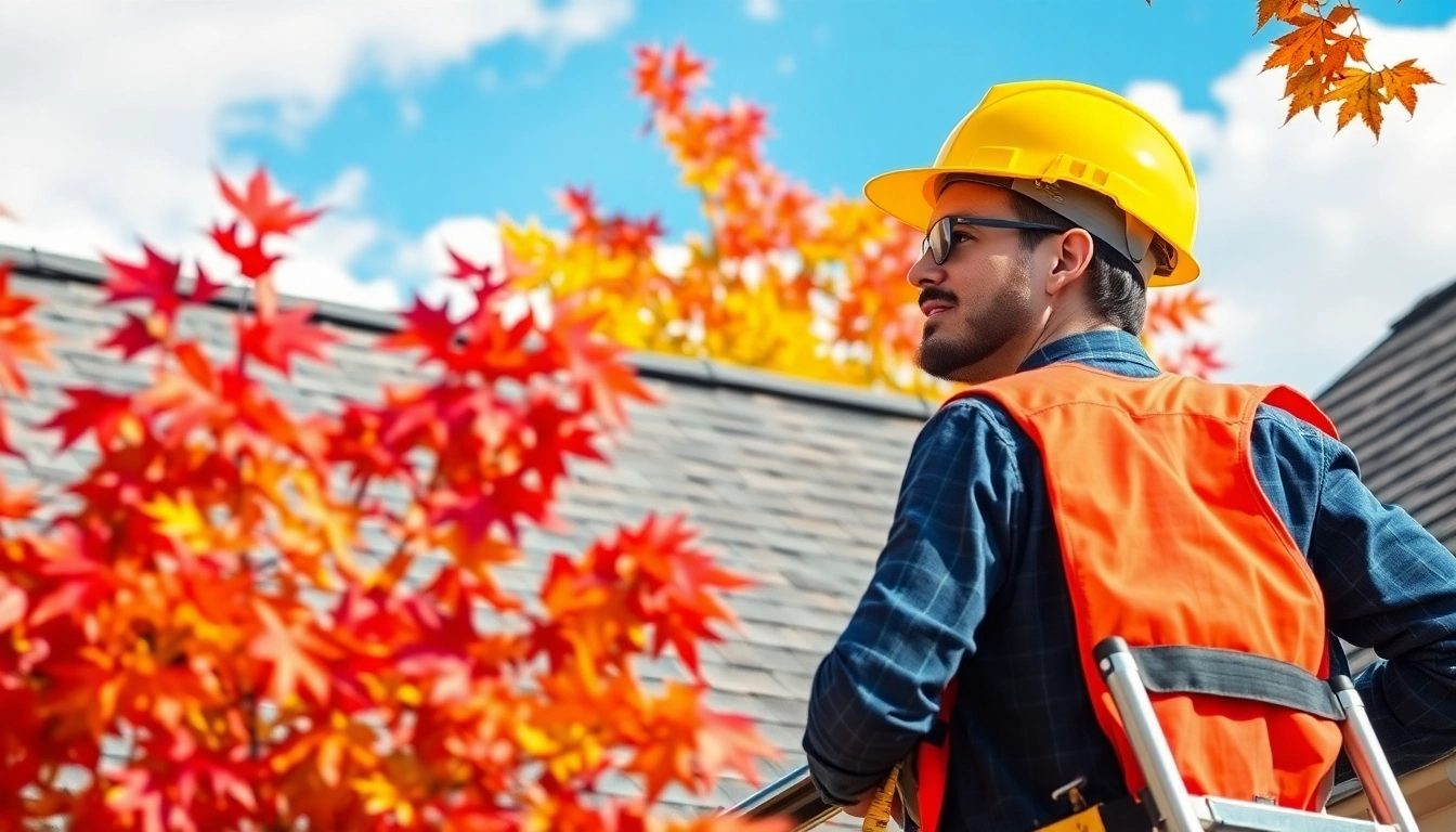 Roof repair expert examining a residential roof with safety gear and tools.