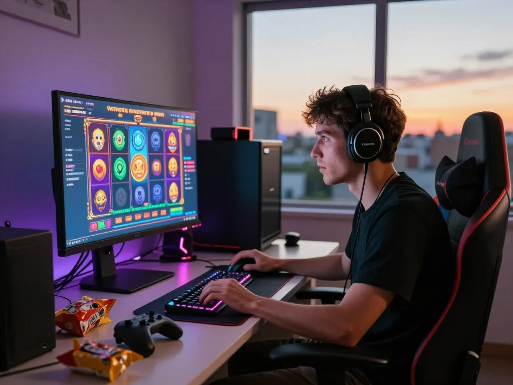 Engaging gamer at home in vibrant ligasedayu gaming environment.
