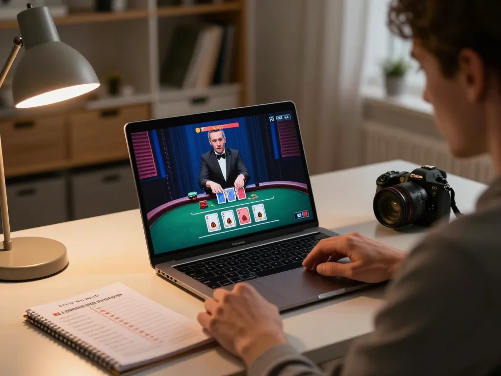 Engaged player strategizing blackjack game on vipwin high-quality laptop with cards on screen