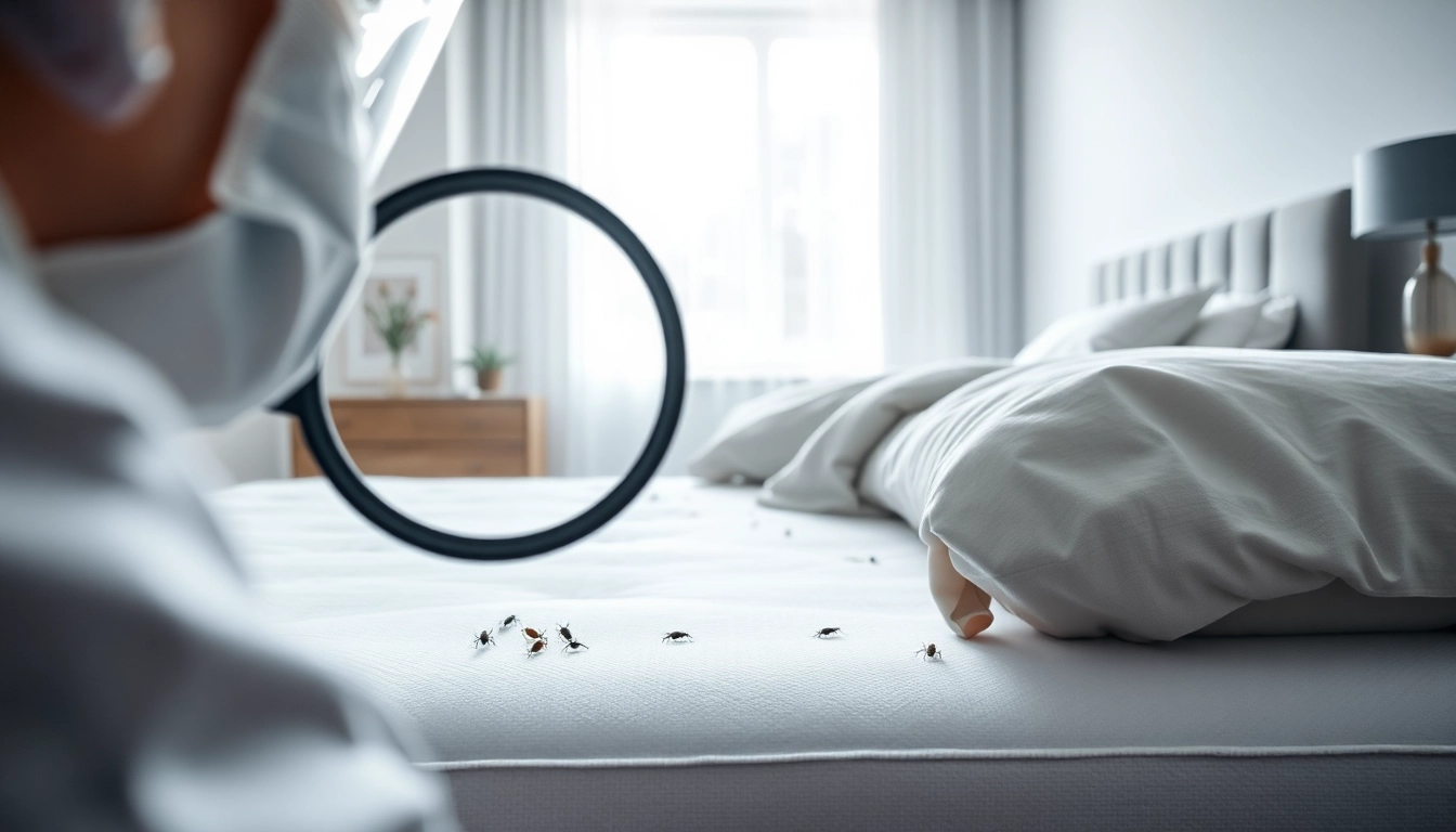 Secure and effective bedbugs exterminator near me actively inspecting a mattress for pest removal.