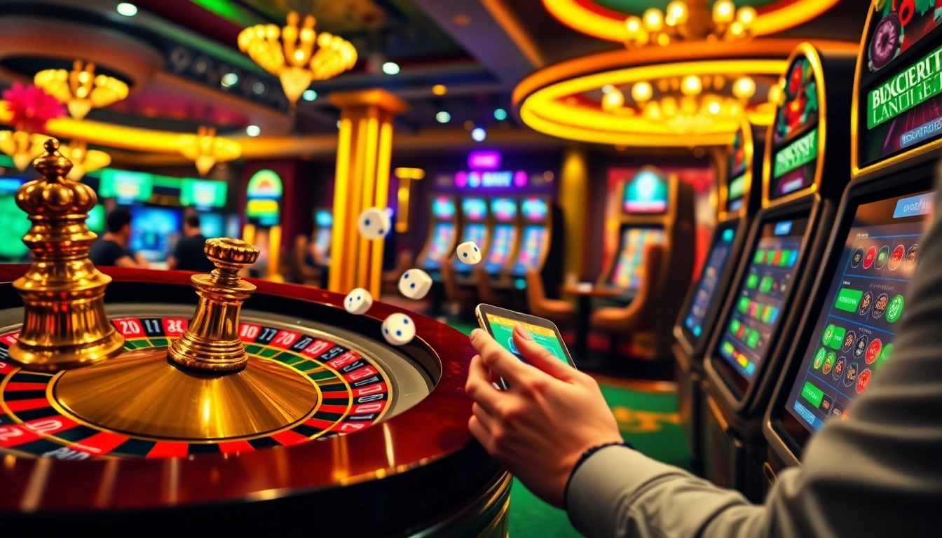 Scènes excitantes de jeux d'argent en ligne mettant en avant le casino en ligne avec des roulettes, des machines à sous et des interfaces de paris vibrantes.