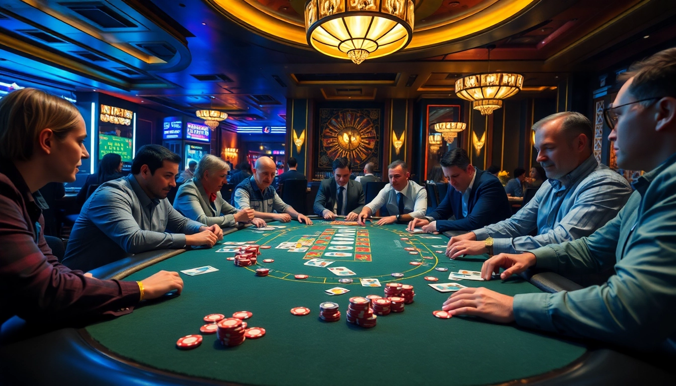 Menggambarkan interwin official di meja poker kasino dengan pemain yang terlibat dan suasana yang enerjik.