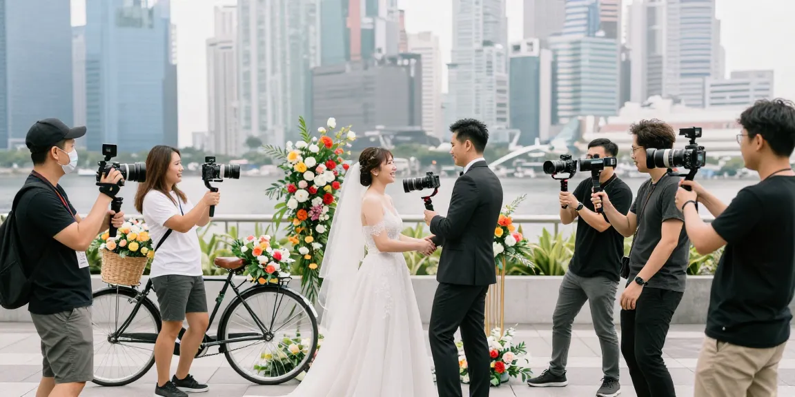 Videography services in SG capturing a joyful wedding ceremony with a professional team in an urban setting.