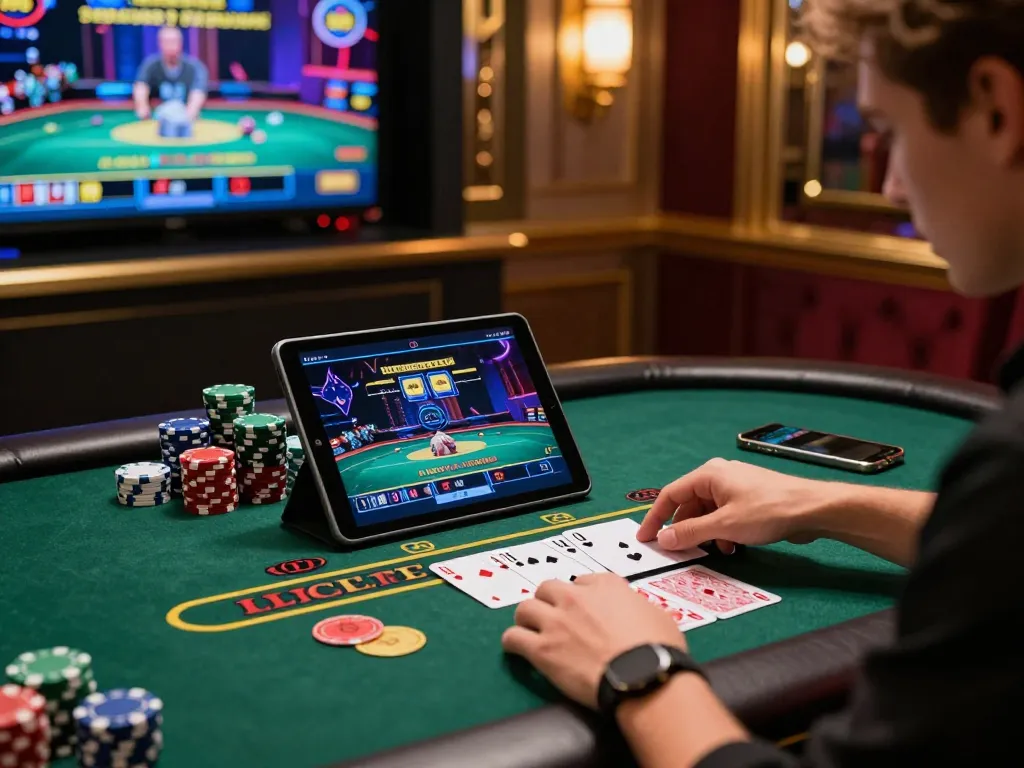 User enjoying engaging baccarat game at a top-notch 바카라사이트 with vibrant casino elements.
