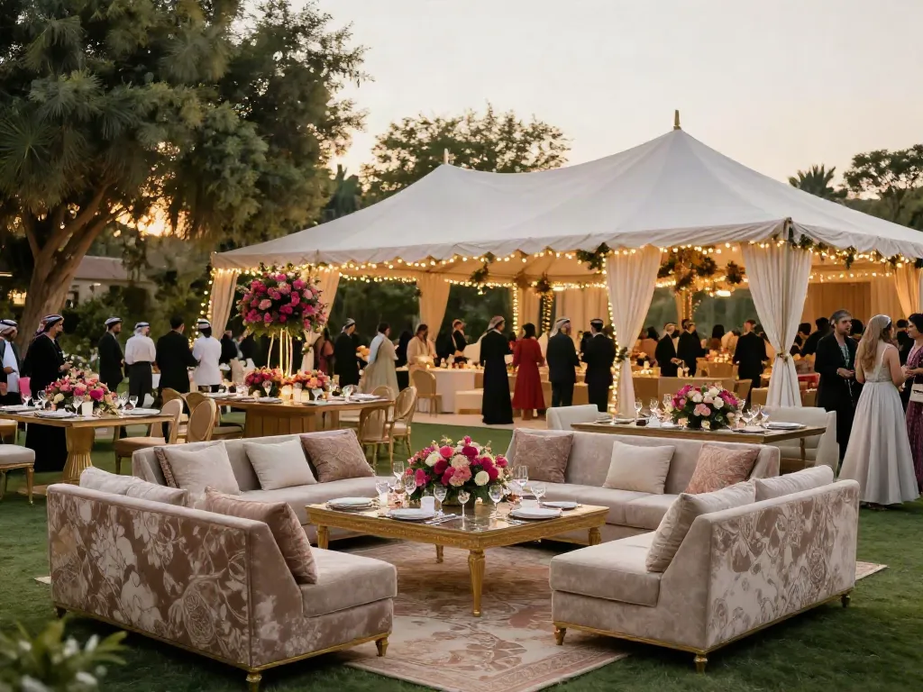 Event rental ksa elegant outdoor wedding setup with premium furniture and vibrant decor.