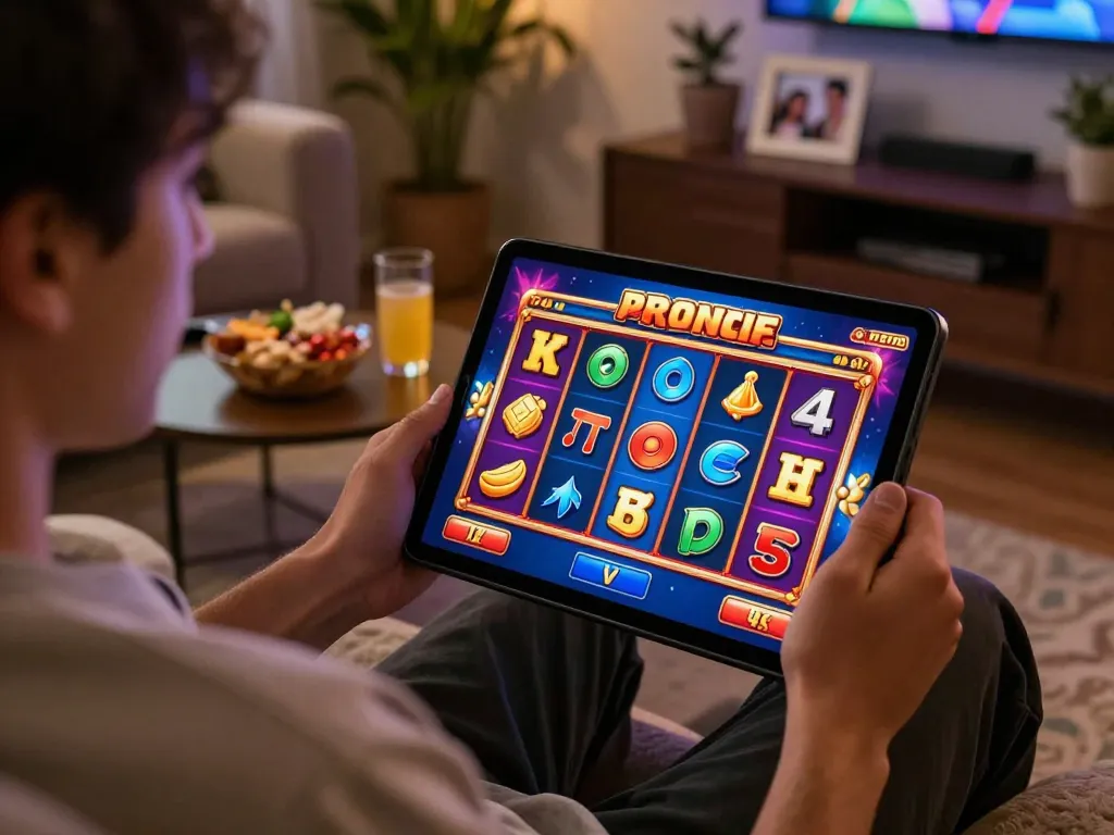 Pemain yang terlibat menikmati permainan slot bintangmpo di tablet di rumah, menampilkan gameplay yang menarik