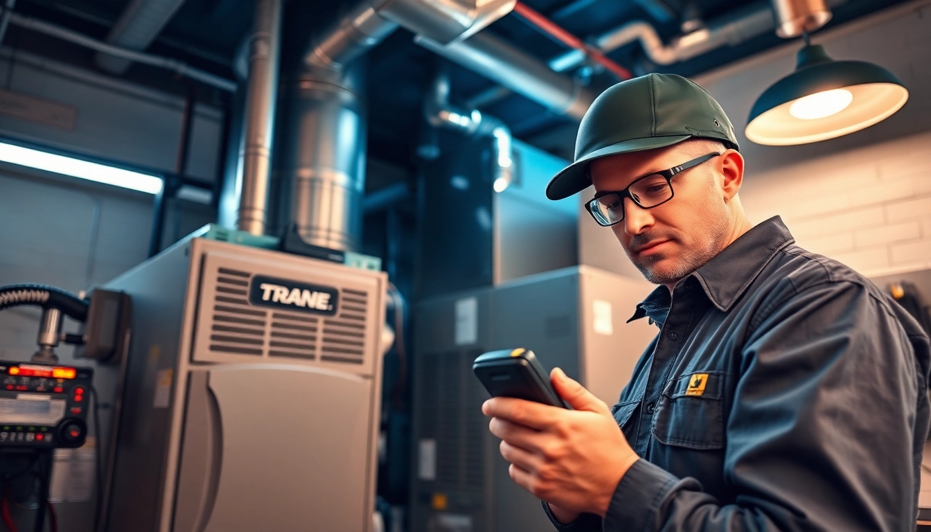 HVAC technician servicing a Trane furnace dealer equipment for optimal performance.