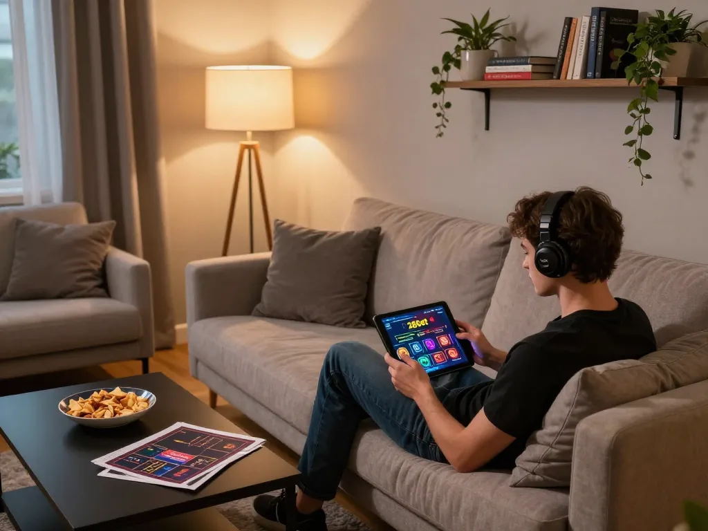 Player engaging with 28bet gaming app on tablet, showcasing a cozy home setup.