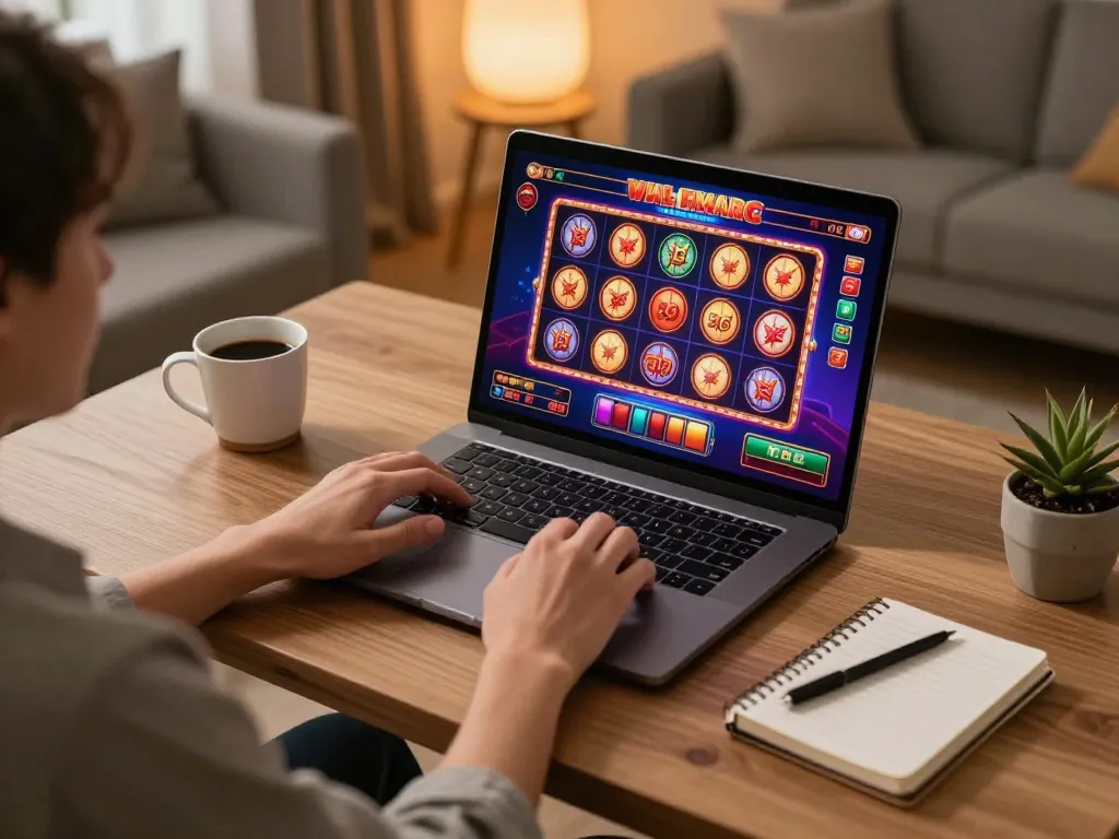 Player enjoying dn88 casino games on laptop, spinning vibrant slot reels in comfortable home setting.