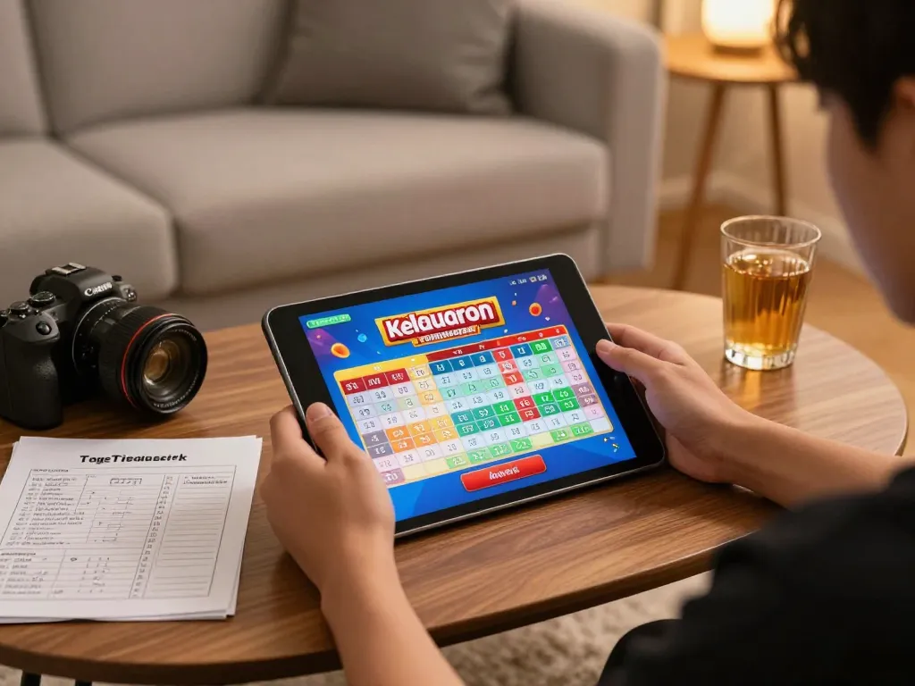 Engaging with keluaran togel singapore on a tablet in a cozy home gaming setup, showcasing strategy notes and beverage.