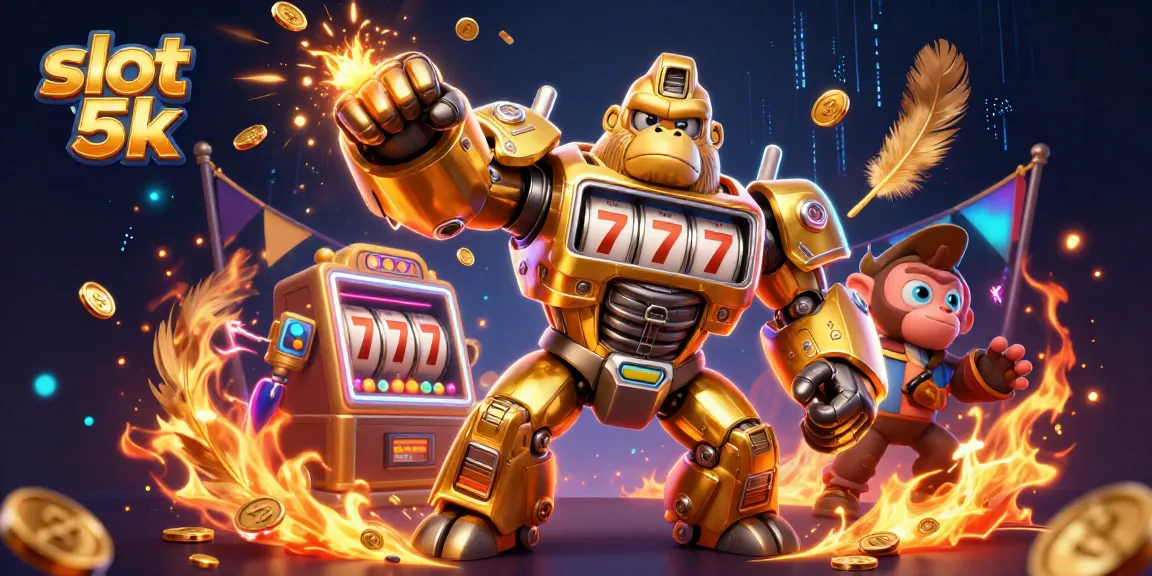 Experience thrills with slot 5k, featuring a robot gorilla and slot elements amid a dazzling casino backdrop.