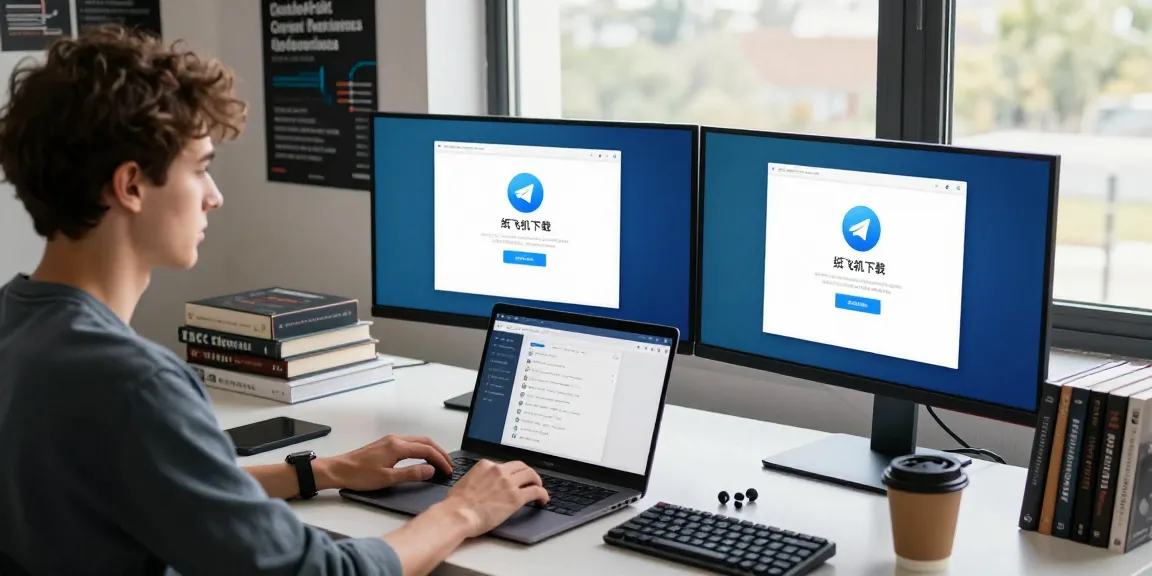 Young developer showcasing 纸飞机下载 download process at a modern workspace with coding essentials.