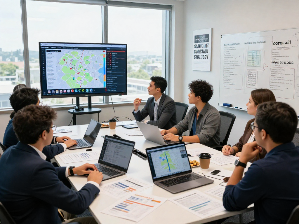 Engaged team performing candidate self research in a modern office during a strategy session.