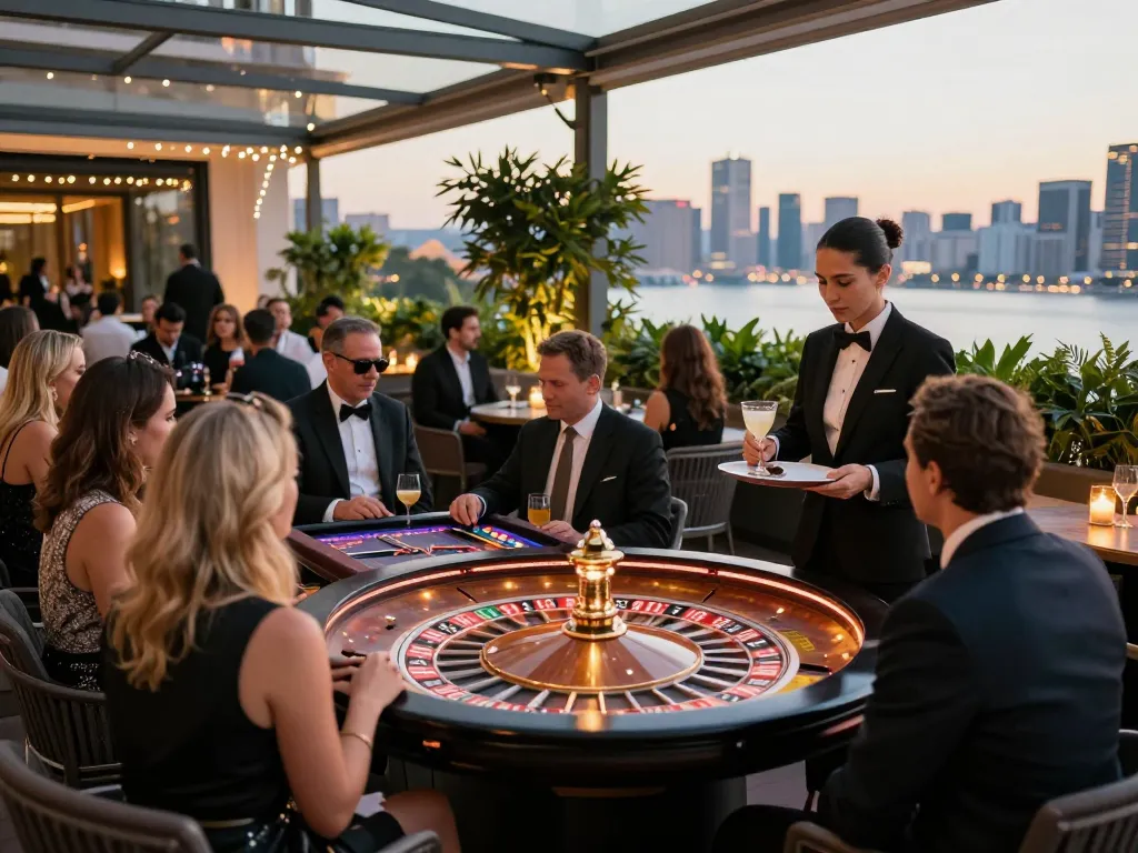 Betting on keonhacai 5 at a glamorous outdoor casino event with roulette wheel and lively atmosphere