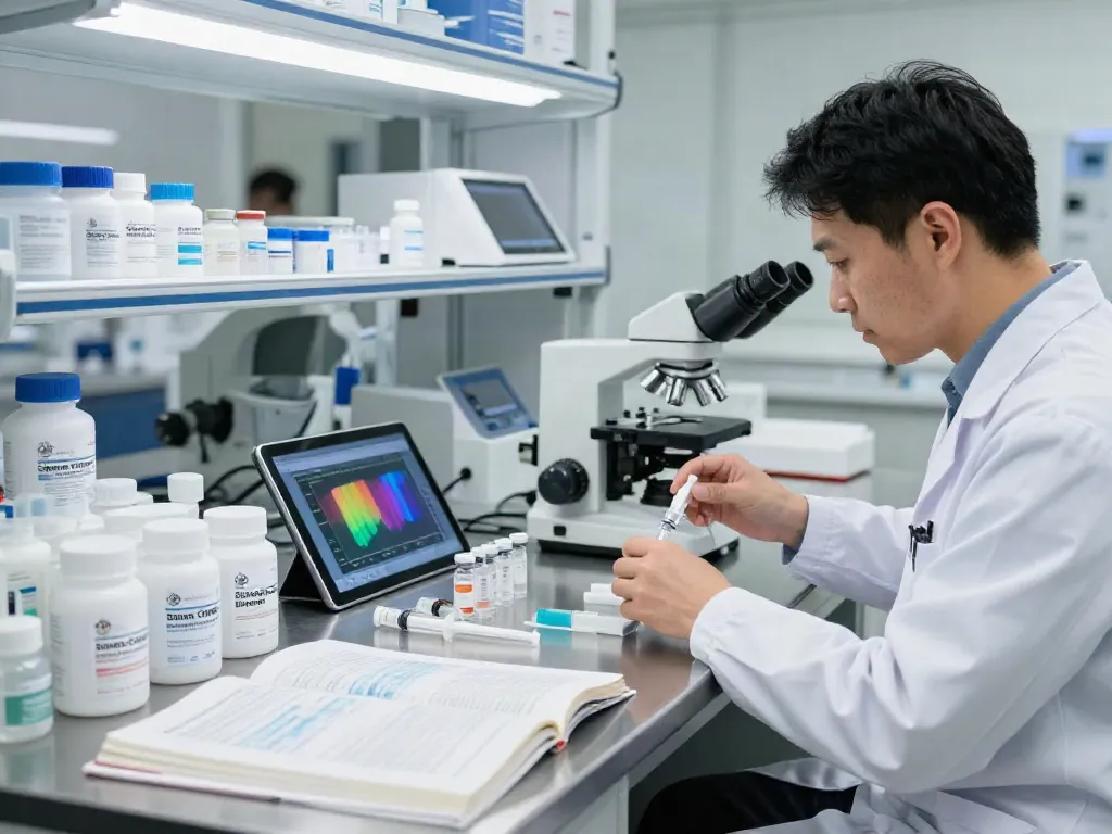 Scientist analyzing Swiss Chems peptide products in modern lab setting