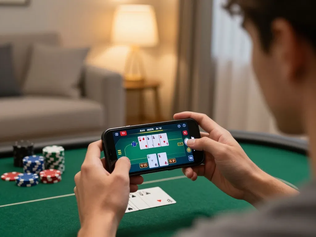 Player engaging with 789win link on smartphone, showcasing live poker action and strategic gameplay