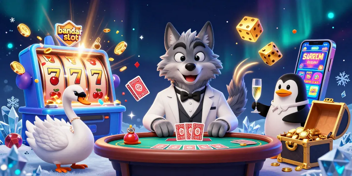 Engage with bandar slot excitement in a vibrant casino scene featuring a stylish wolf, elegant swan, and sophisticated penguin.