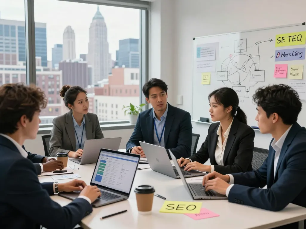 Teamwork in a NYC SEO Company office, with professionals collaborating on digital marketing strategies and analytics.