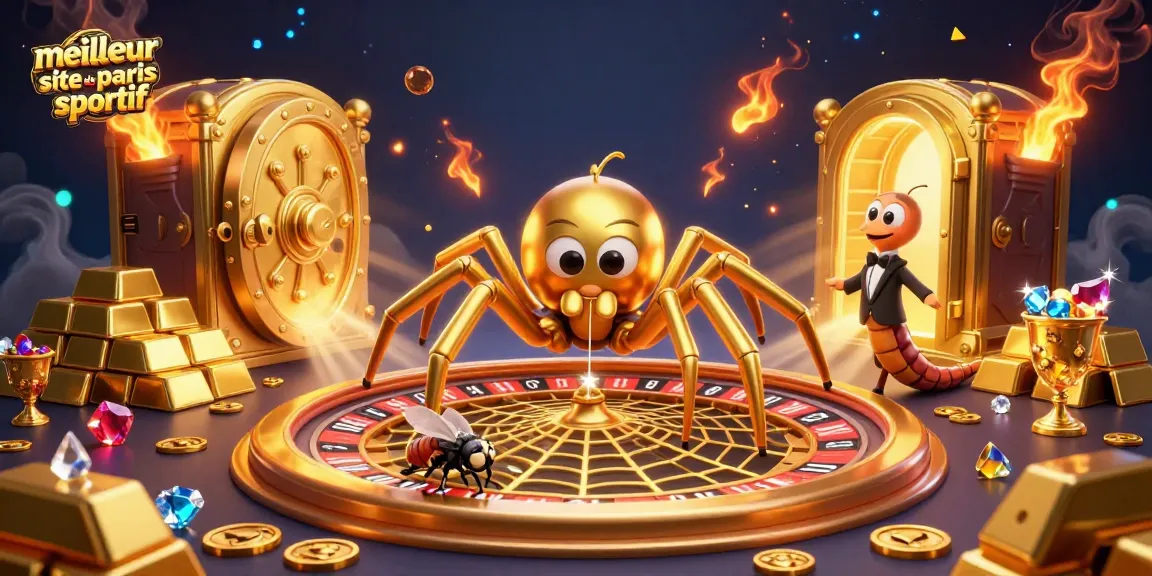 Meilleur site de paris sportif avec une araignée dorée tissant une toile en forme de roulette et un croupier mille-pattes.