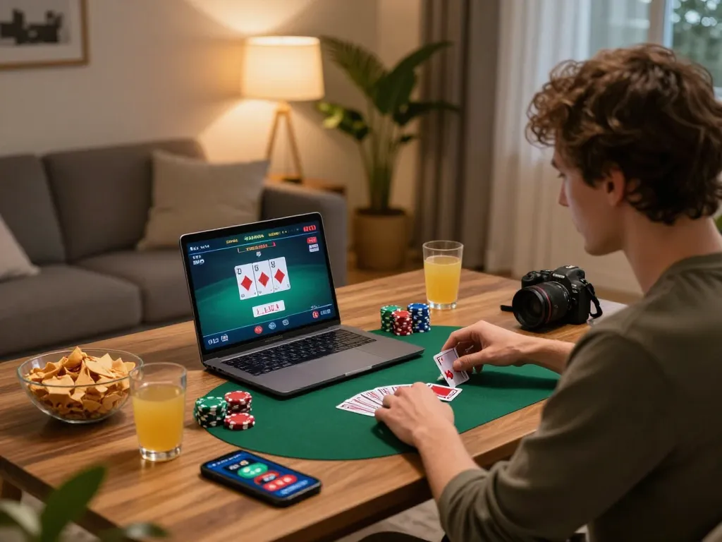 Okwintv player enjoying an online poker game in a cozy living room, chips and cards displayed.