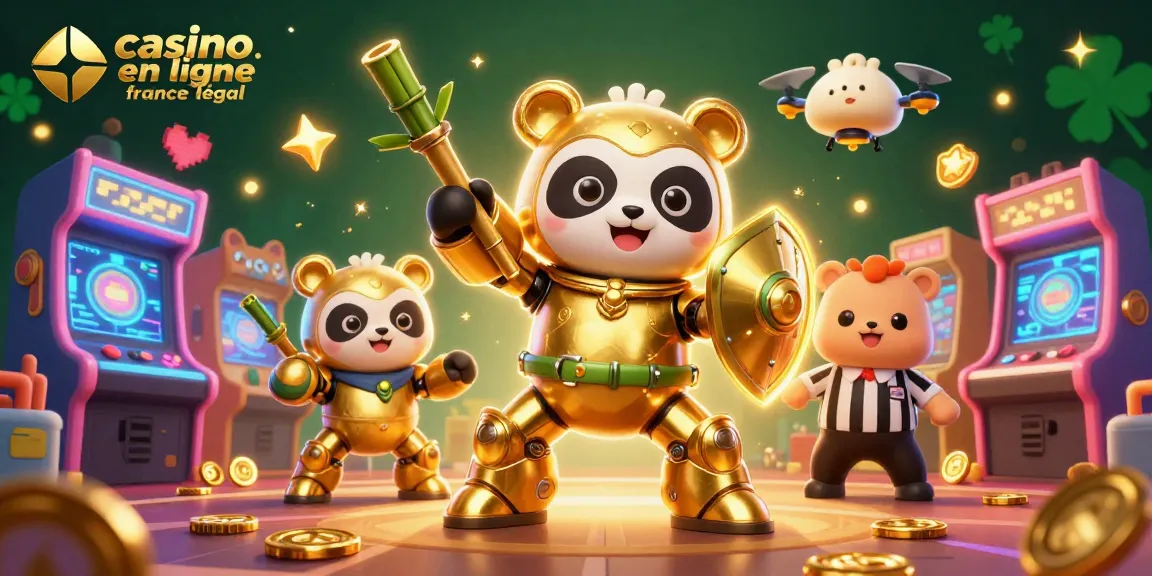 Illustration dynamique de casino en ligne France légal, panda doré dans un robot de combat jouant avec des machines à sous.