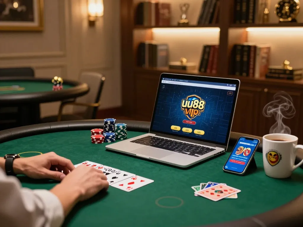 Engaged player at uu88 vip game table strategizing poker bets during online gaming session.