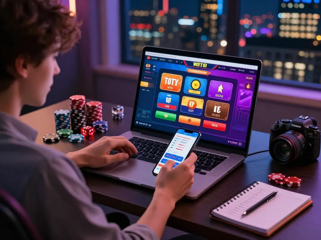 Engaging online gaming scene with wraungtoto betting on laptop and smartphone.