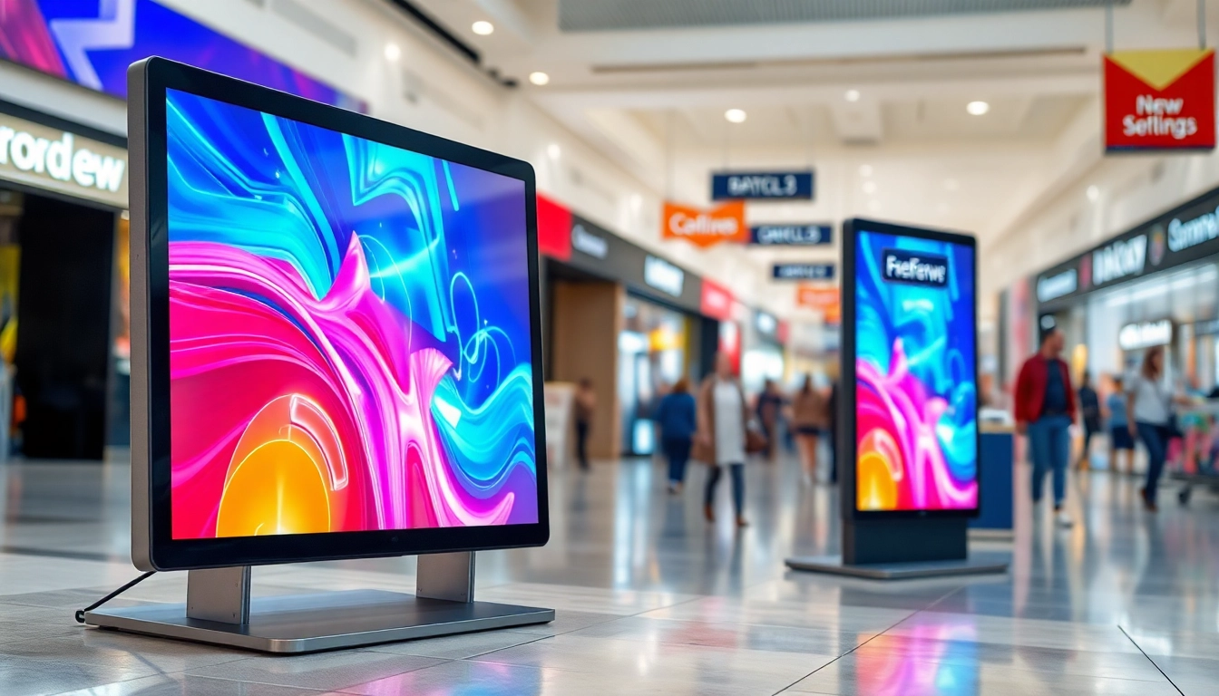 Engaging digital advertising boards promoting vibrant content in a retail setting.