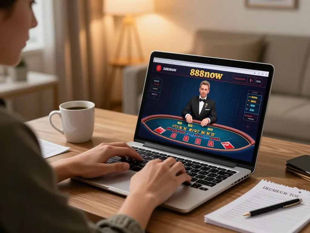 Engaging with a laptop for 888now com while playing blackjack in a cozy home setup.