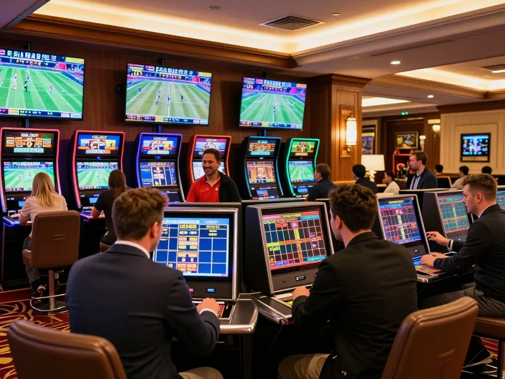 Participants engaged at sports betting kiosks during a thrilling event at https://tr88.baby/ showcasing excitement.