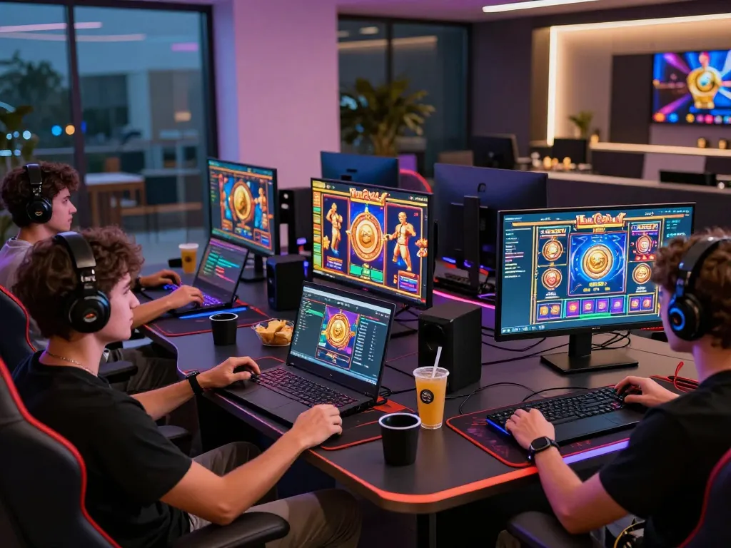 Group enjoying a premium gaming setup at vegasslot77 with vibrant graphics and sleek design.