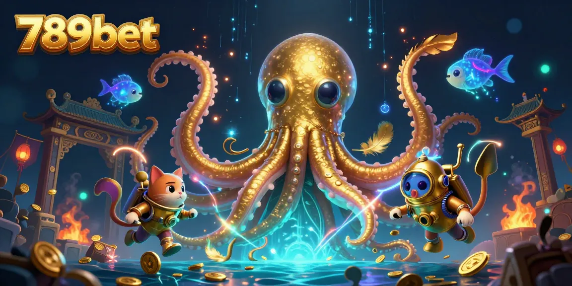 Join the thrilling adventure at 789bet with a kraken and diving cat in a vibrant casino underwater scene.