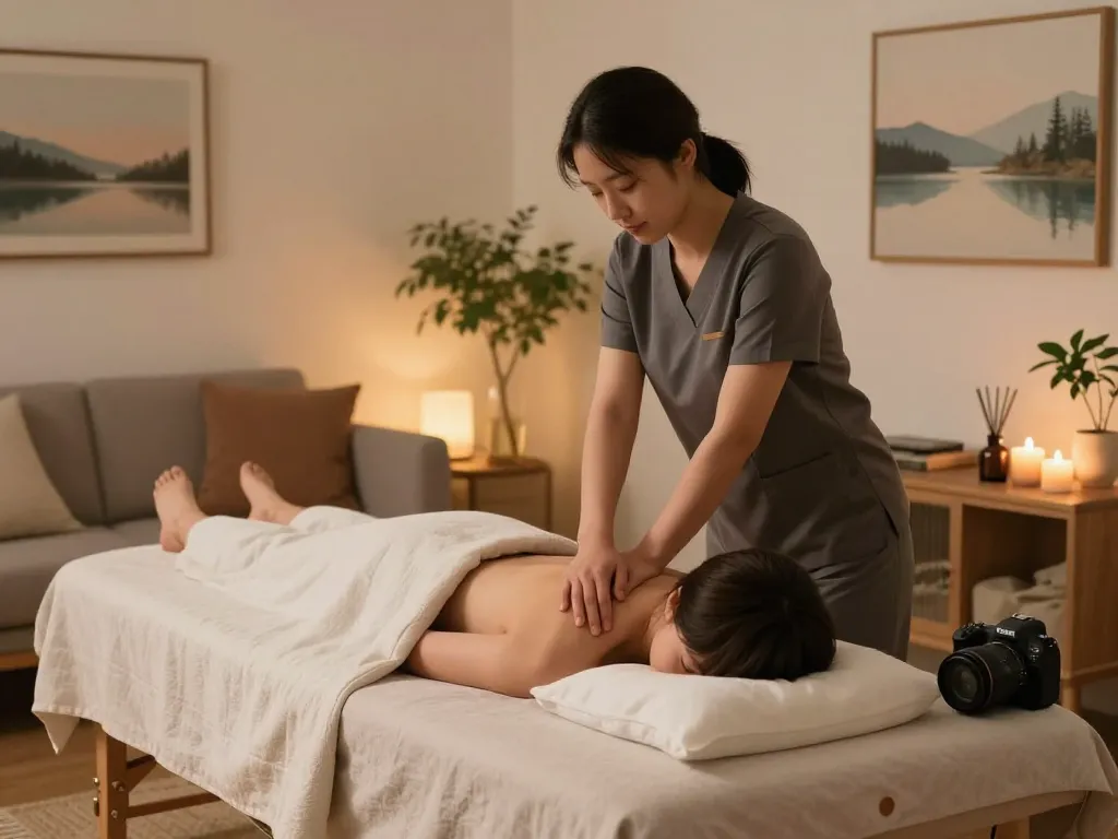 Relaxing 부천 출장마사지 session in a serene home environment with soothing oils and soft lights.