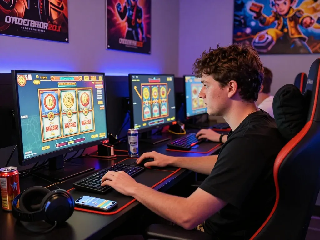 Engaged user at mantra88 login on laptop in vibrant gaming setup, excitement of online slots.