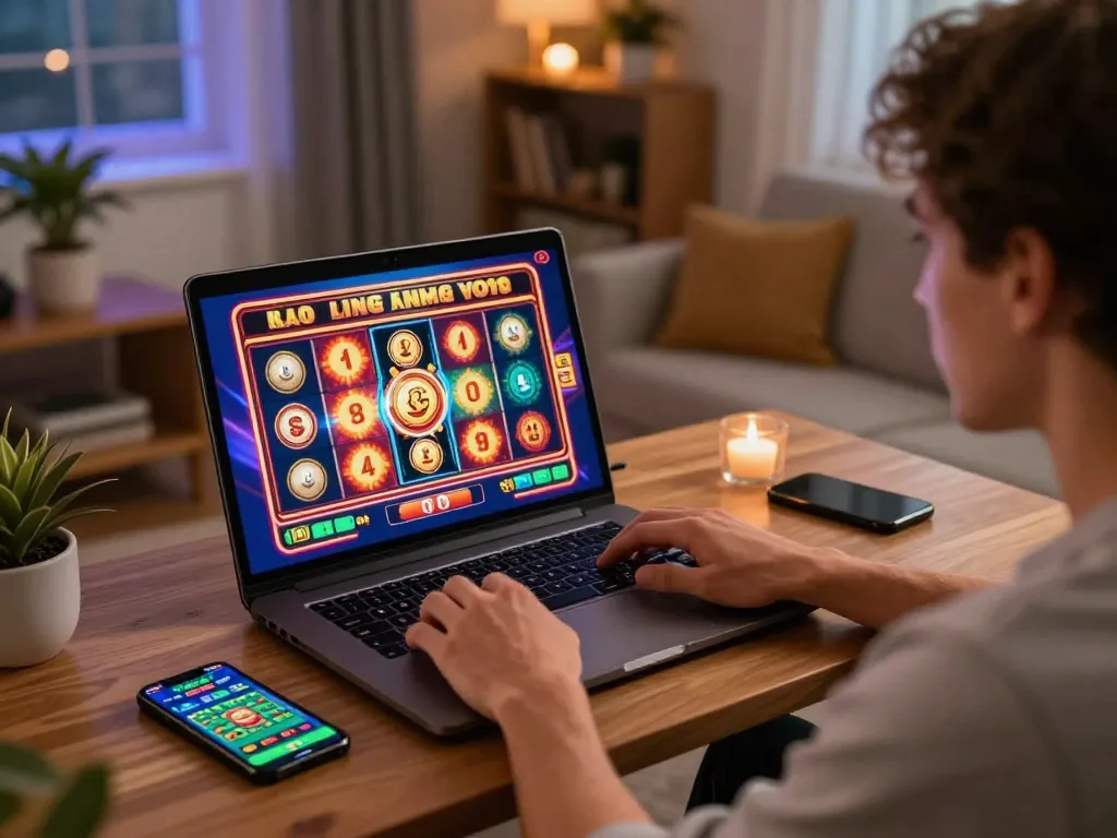 Player engaging on slot deposit 2rb interface while enjoying online gaming at home.
