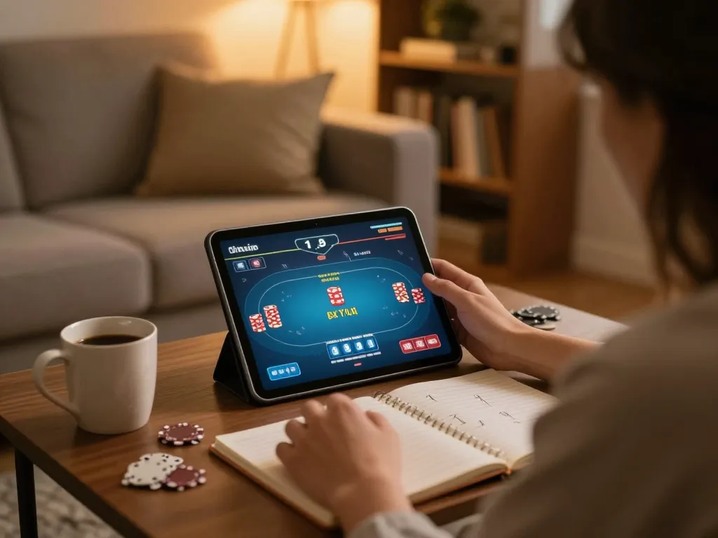 KQBD online strategy session with user analyzing betting patterns and poker hands on tablet