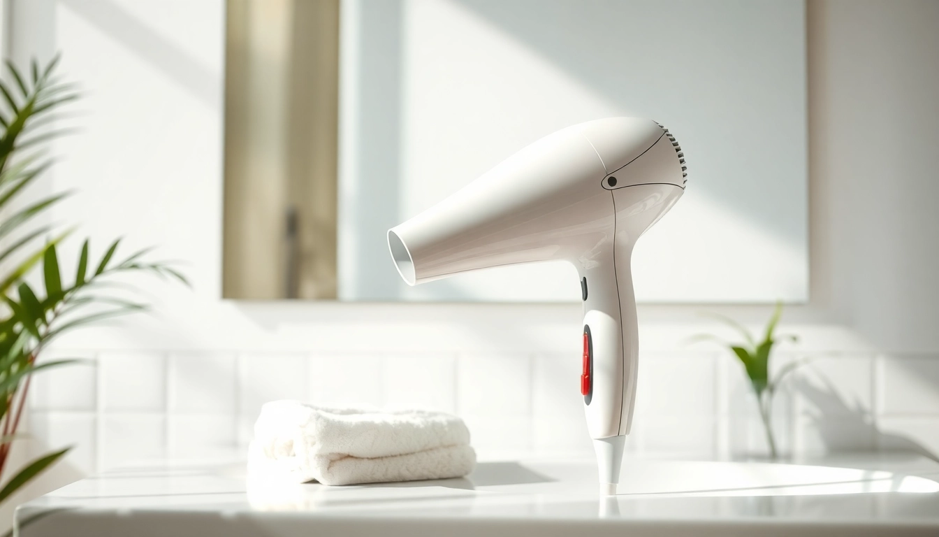 Frizzy hair dryer showcased in a bright bathroom, emphasizing sleek design and modern style.