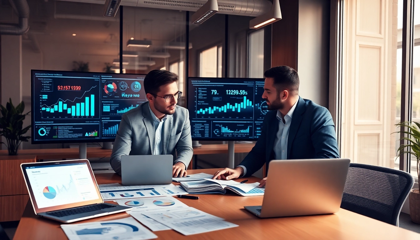 AI for competitor analysis in a collaborative office featuring business analysts using advanced technology.